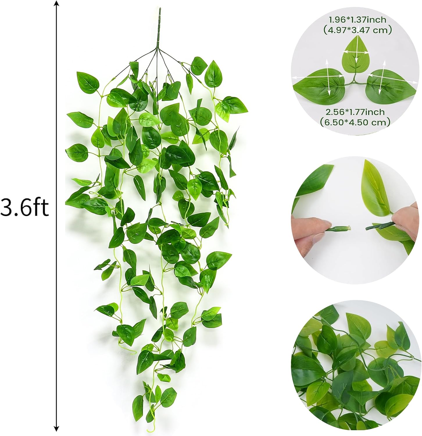 Greengris 2pcs Artificial Hanging Plants, Faux Pothos Vine Garland for Indoor Outdoor Wall Shelf Office Decor (No Basket)
