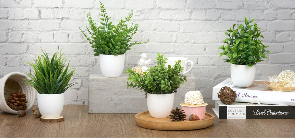 Greengris 4 Pack Small Artificial Plants, Bookshelf Decor