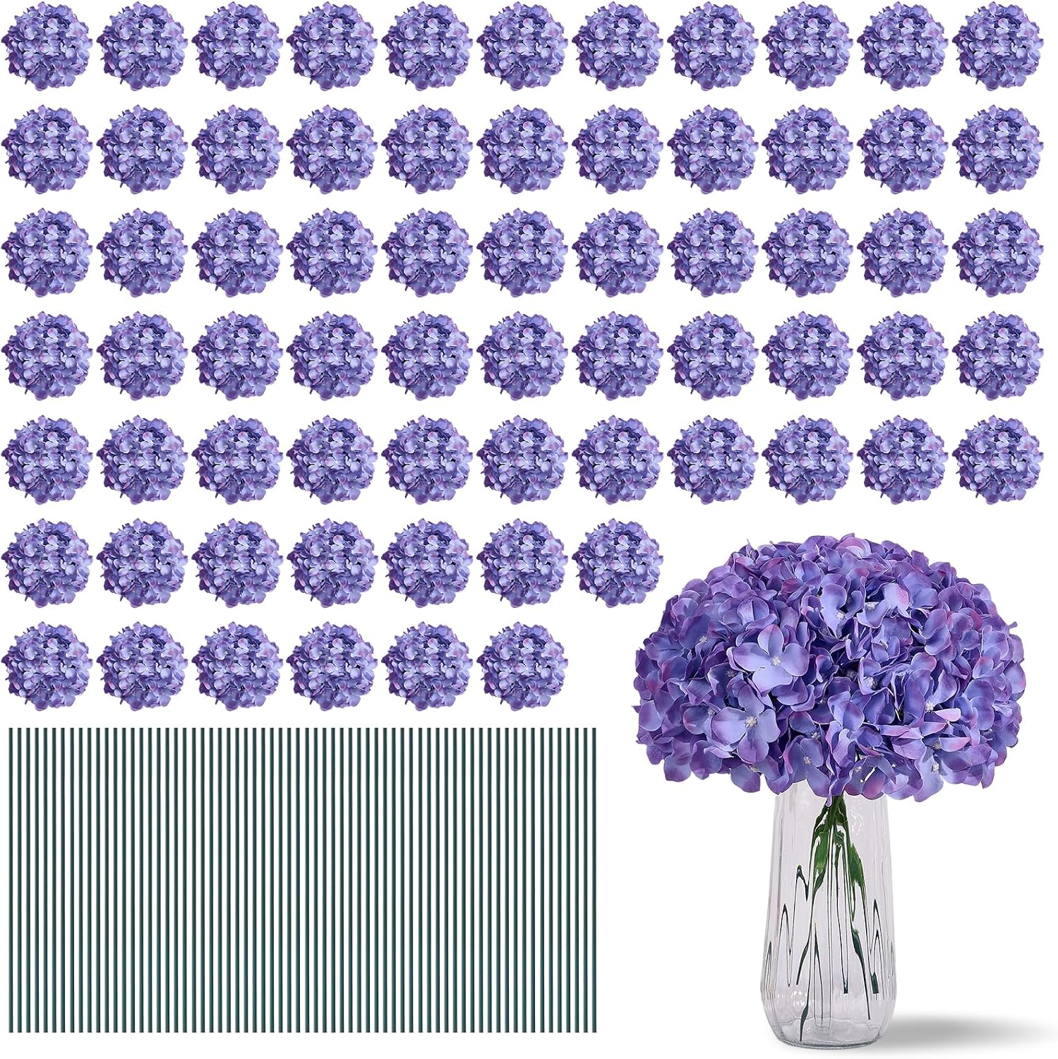 Greengris 10pcs Artificial Hydrangea Silk Flower Heads with Stems for Wedding Bouquet Centerpiece DIY Decor (No Vase)