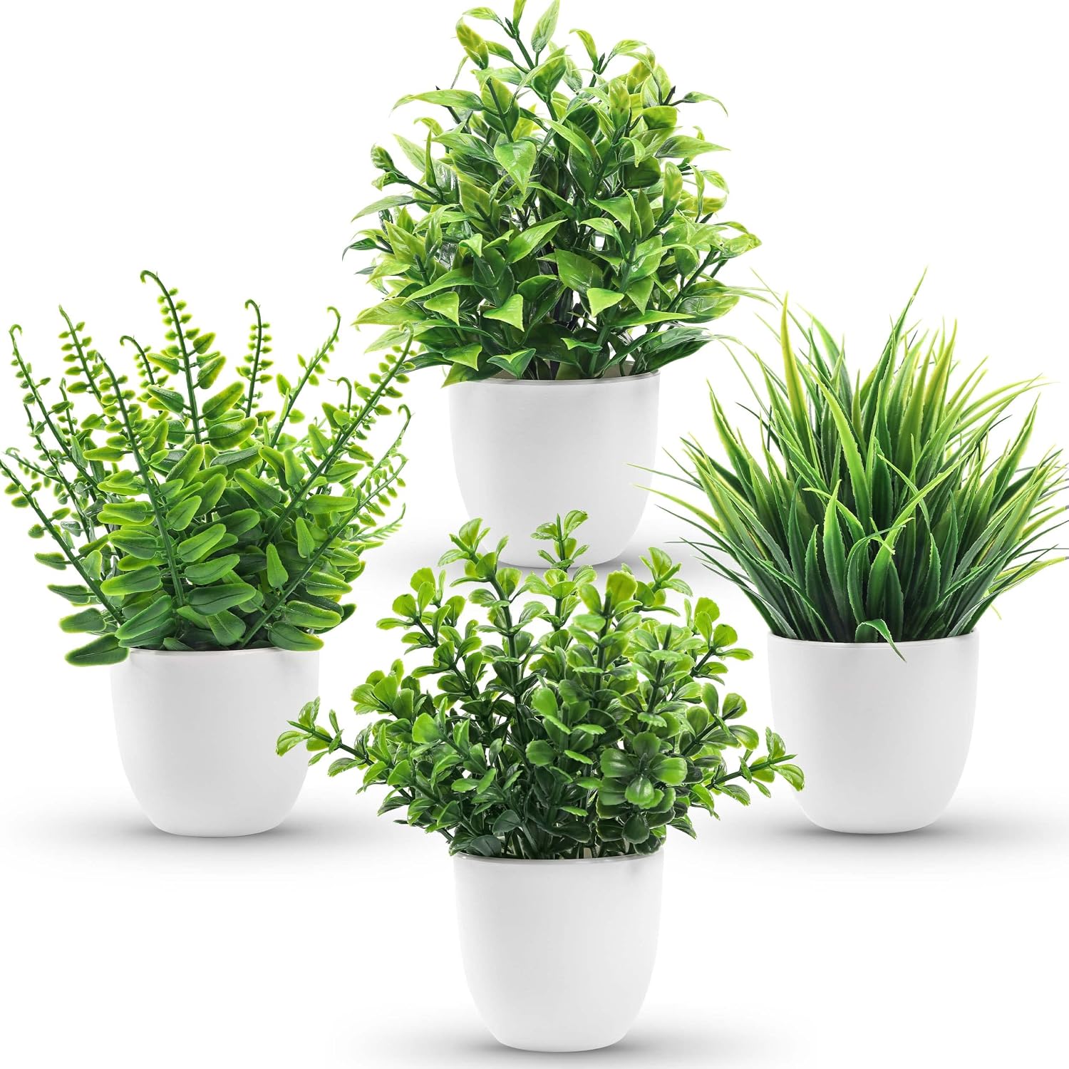 Greengris 4 Pack Small Artificial Plants, Mini Faux Greenery for Bookshelf Desk Bathroom Office Bedroom Decor